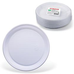 Одноразовые тарелки плоские, КОМПЛЕКТ 100 шт., пластик, d=220 мм, "БЮДЖЕТ", белые, ПС, холодное/горячее, LAIMA, 600943